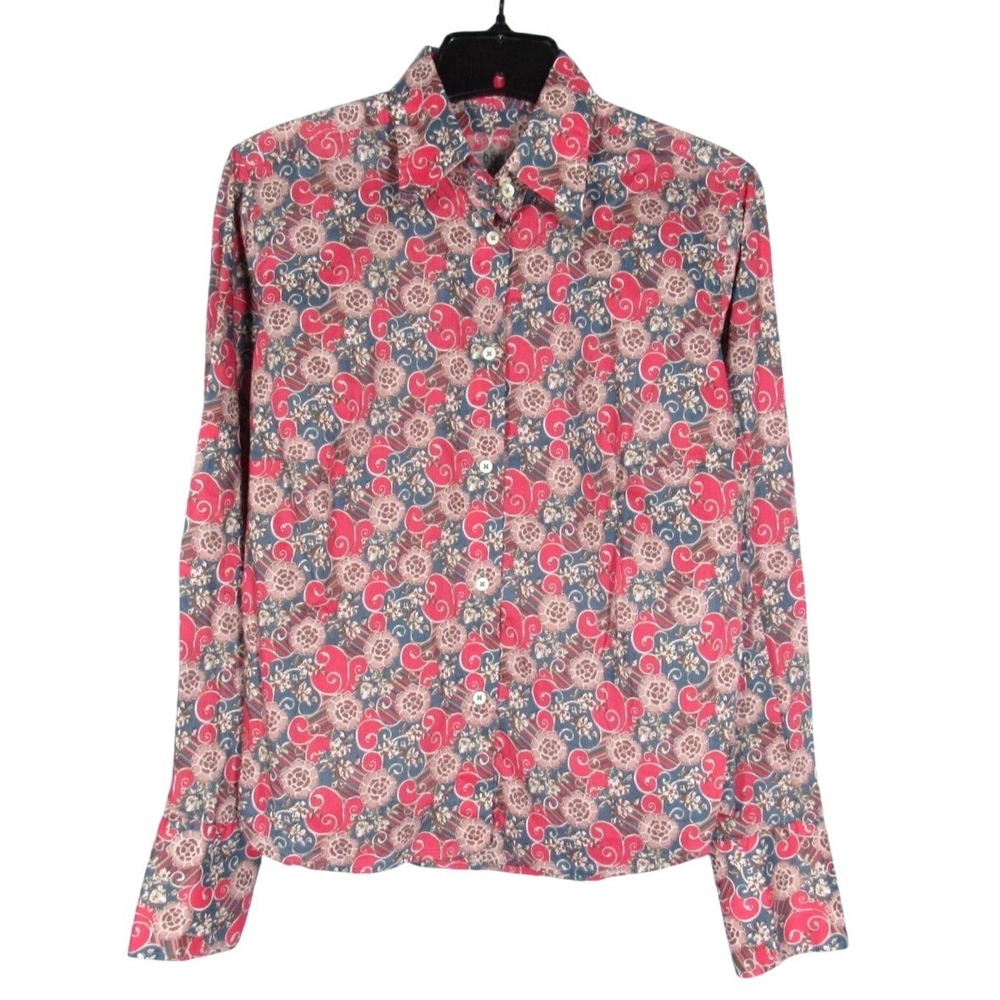 0039 ITALY Blue/Red FLORAL Lightweight COTTON TWILL Button-Up BLOUSE TOP Sz S
